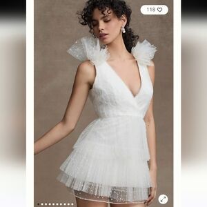 ML Monique Lhuillier Perrie Tiered Shoulder-Ruffle V-Neck Mini Dress